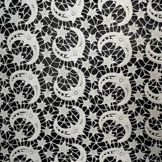 Crocheted Moon&Stars Water Soluble Lace Fabric, Hollowed Out Milk Silk Fabric, Off White Bridal Lace Fabric By The Yard