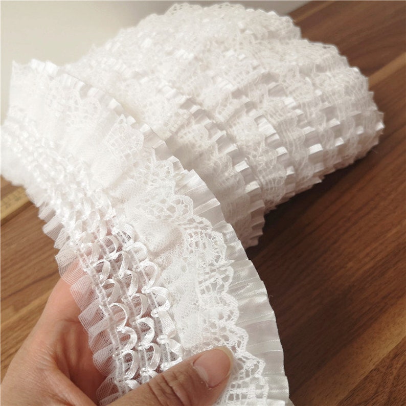 White Ruffled Pleated Lace Trim Fold Satin and Mesh Trim Lace Etsy