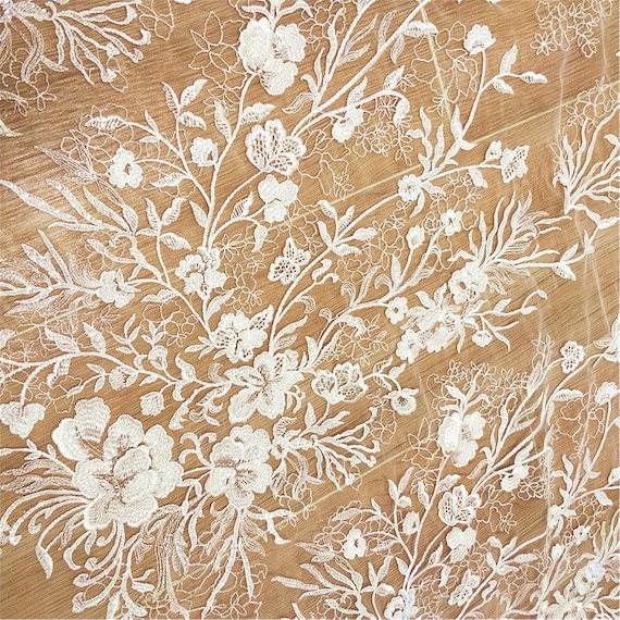 Lace Fabric by Yard Ivory Tulle Floral Embroidery Exquisite Bridal