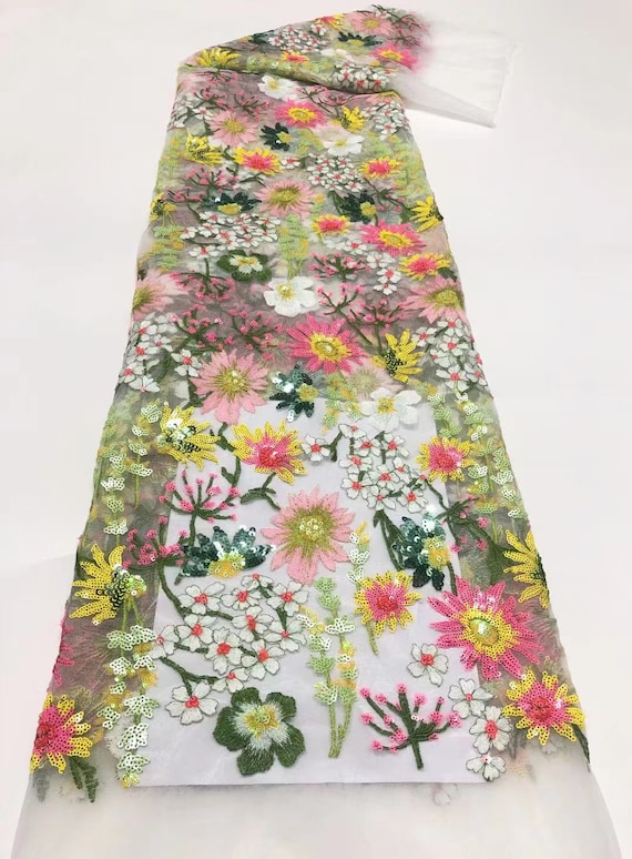 Wholesale Price!1Yard New Floral Lace Fabric,Flower Dress Fabric,Colorful Embroidery Mesh Sequin Fabric,Prom Dress,Wedding Dress