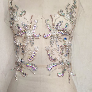 Heavy AB Color 3D Beaded Rhinestone Applique Motif Patch For Evening Dresses DIY Decorative Costume Design