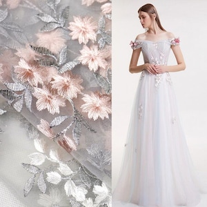 1 Yard Lace Fabric Embroidered Exquisite Floral Tulle Lace Gauze Fabric Wedding Dress Bridal Gowns 53” Wide