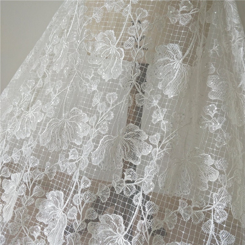 1 Yard Lace Fabric Ivory Beautiful Grid Sequined Bridal | Etsy