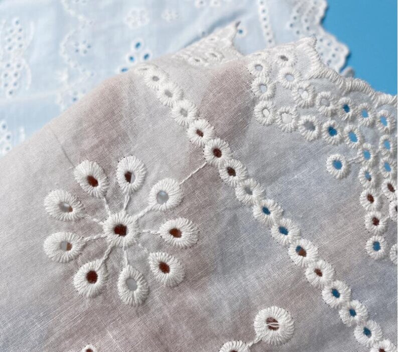 Cotton Lace Fabric Eyelet Flower Design Both Scalloped Borders Off White Color 55 Width 1 Yard image 7