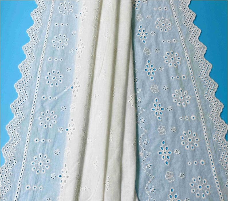 Cotton Lace Fabric Eyelet Flower Design Both Scalloped Borders Off White Color 55 Width 1 Yard image 8