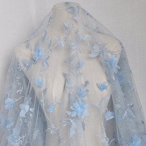 Exquisite 3D Floral Lace Fabric Blue Tulle Embroidered Gown Bridal Wedding 51" Width 1 Yard