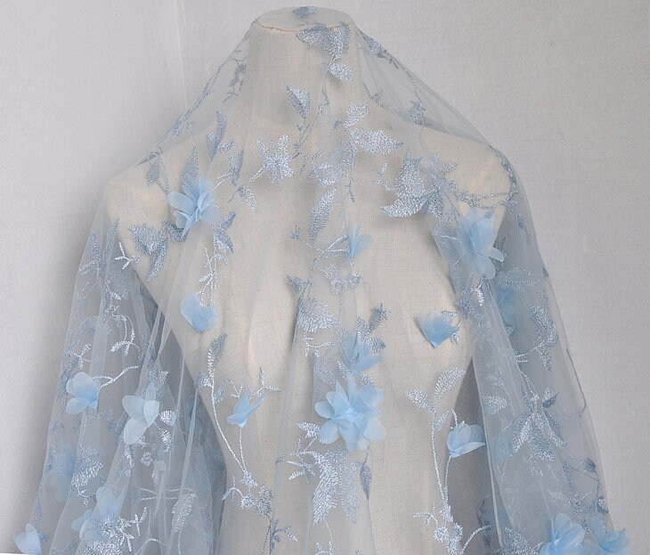 Exquisite 3D Floral Lace Fabric Blue Tulle Embroidered Gown Bridal Wedding 51" Width 1 Yard