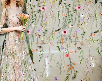Beautiful Floral Embroidered Tulle Fabric Dress Bridal Veil Wedding Floral Lace Fabric Sell By the Yard