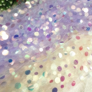 1 Meter Sequin Tulle Polka Dot Lace Fabric in Pale Purple/ Pale Yellow For Haute Couture, Doll Dress, Prom Dress