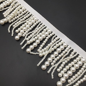 White Bead Fringe Tassel Trim, White Pearl Trim, White Beaded Trim, Pearl Lace For Curtains, Dance Costume, Beading Fringe