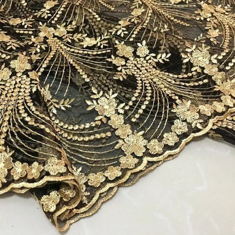 Vintage Gold Lace Fabric, Golden Embroidery Mesh Lace Fabric, Soft Tulle Lace Fabric For Formal Dress, Prom Gown, Bridal Wedding Robe image 2