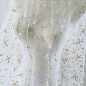 2019 Latest Off White Tulle Gold Star Lace Fabric, Stars Mesh Lace Fabric Bridal Dress Fabric 59" Wide 1 Yard