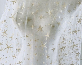 2019 neuesten Off White Tüll Gold Sterne Spitzenstoff, Sterne Mesh-Spitze-Gewebe Brautkleid Stoff 59 "breite 1 Yard