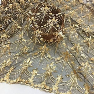 Vintage Gold Lace Fabric, Golden Embroidery Mesh Lace Fabric, Soft Tulle Lace Fabric For Formal Dress, Prom Gown, Bridal Wedding Robe image 1