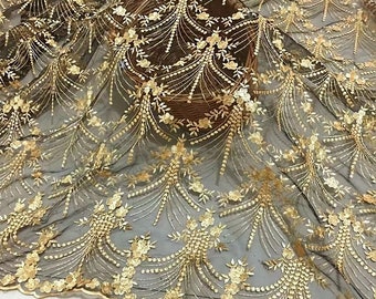 Vintage Gold Lace Fabric, Golden Embroidery Mesh Lace Fabric, Soft Tulle Lace Fabric For Formal Dress, Prom Gown, Bridal Wedding Robe