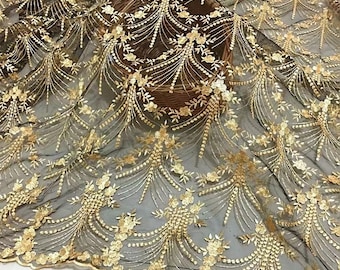 Vintage Gold Lace Fabric, Golden Embroidery Mesh Lace Fabric, Soft Tulle Lace Fabric For Formal Dress, Prom Gown, Bridal Wedding Robe