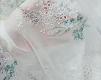 Tela de gasa con estampado floral verde, bordado de flores con ojales, tul suave para vestido de novia, vestido de boda, vestido de graduación, 1 yarda