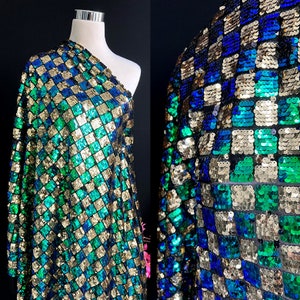 Full Sequins Lace Fabric With Green Gold Grid Pattern For Performance Clothes, Table Runner, Home Decor