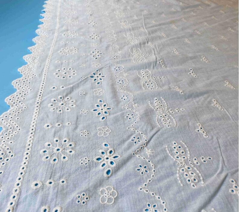 Cotton Lace Fabric Eyelet Flower Design Both Scalloped Borders Off White Color 55 Width 1 Yard image 3