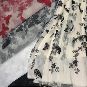 Illusion 3D Butterfly Lace Fabric Fashion Floral Embroidered Off White/Black Tulle Fabric Bridal Gowns By The Yard 51" Wide