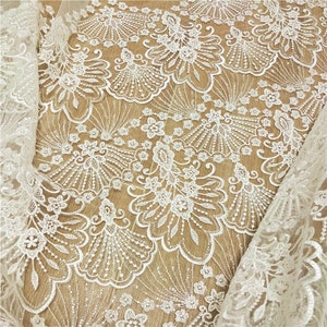 Ivory lace fabric with sequins, embroidered tulle fabric, wedding gown fabric with scallop edge