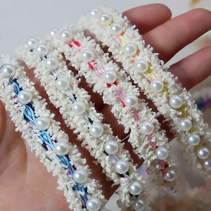 0.5&quot; Wide 3D Pearl Beaded Lace Trim 4 Colors For Bridal Belt, Strap, Wedding Sash, Shoes Decor 1 Yard Length