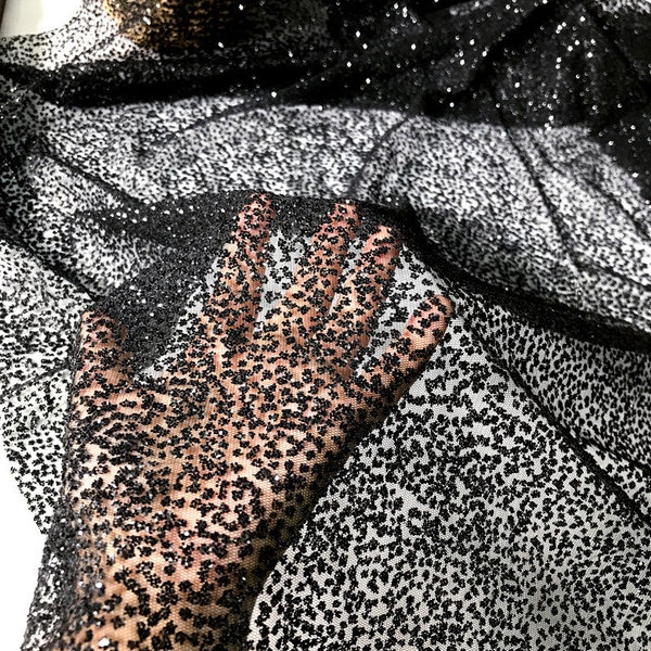 Sequined Fabric, Black Dot Mesh Lace Fabric, Sequins Tulle Fabric, Wedding Fabric 51" Width By The Yard