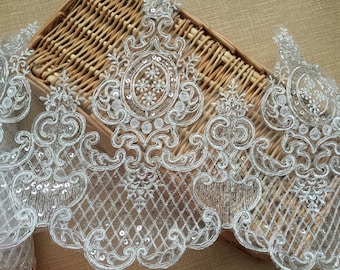 Off White Alencon Lace Trim With Sequins And Silver Cord 9.4" Wide Vintage Style Lace By The Yard
