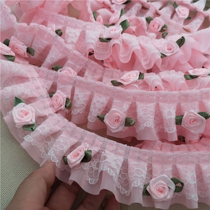 Exquisite Ruffled 3D Rose Lace Trim Chiffon Pleated Pink Lace 1.9&quot; Wide 2 Yards