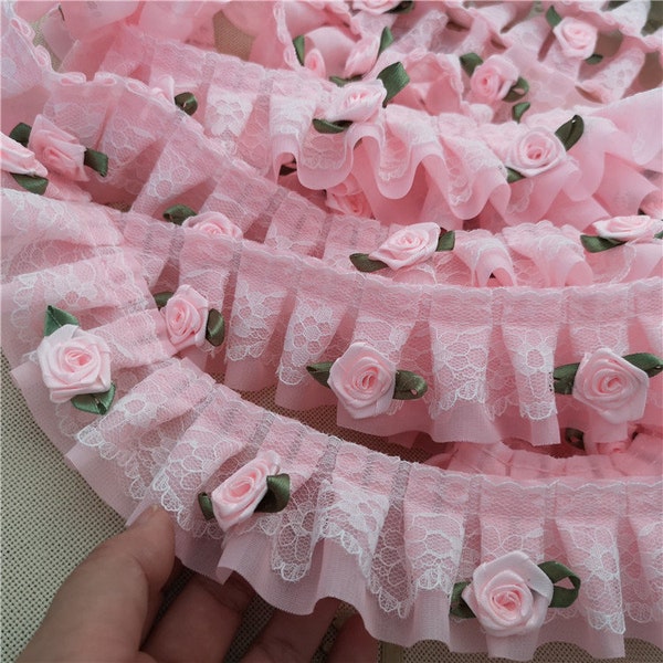 Exquisite Ruffled 3D Rose Lace Trim Chiffon Pleated Pink Lace 1.9" Wide 2 Yards