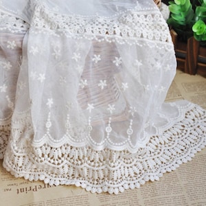 Retro Cotton Floral Embroidered Lace Fabric Beige Tulle Mesh Fabric For Cocktail Dress, Lace Top, Curtain, Girl Dress