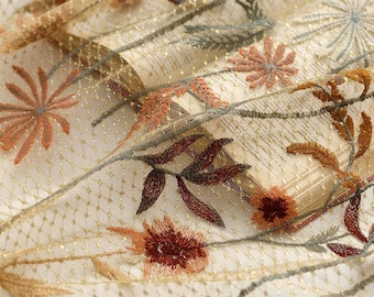 Brown Floral Lace Fabric Flower Embroidered Tulle Lace Fabric Wedding Bridal Dress Fabric By The Yard 51" Width