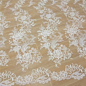 Sequined Leaf & Floral Motif Lace Print Fabric with Scalloped Edge