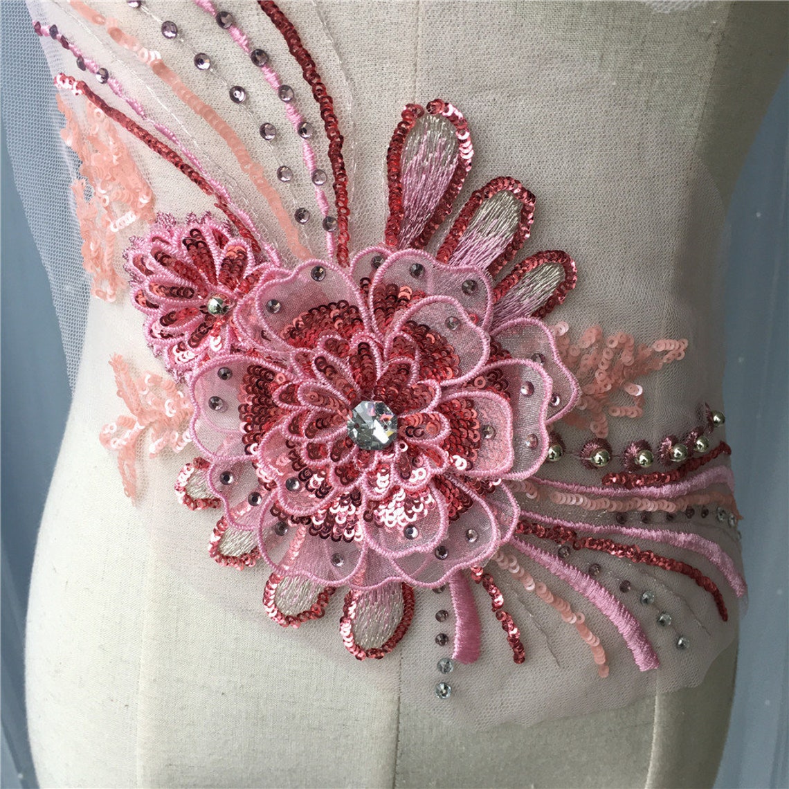 Delicate 3D Rhinestone Petals Lace Patch Embroidered Trim Etsy