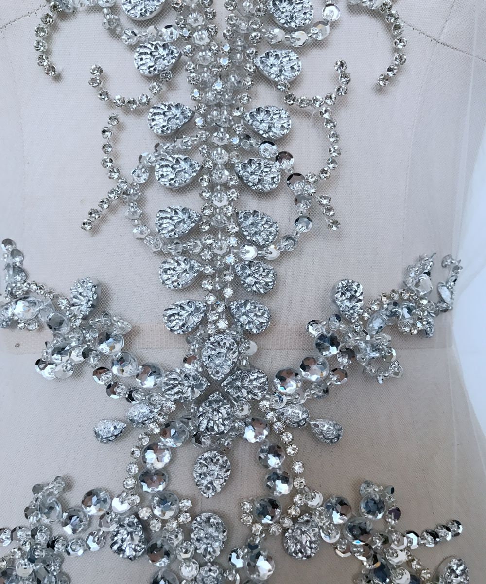 Accessori Matrimonio Applique Sposa In Pizzo Con Strass E Perline - Decorazione Abiti Nuziali (1 Coppia, Argento) Strass Abiti Matrimonio