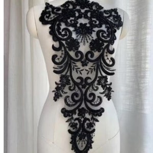 Large Heavy beaded bridal Applique - IVORY Black - Venice lace beaded applique big size, Luxury wedding appliqué, Retro back appliqué