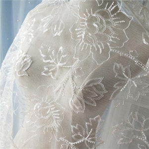 Delicate Bridal Sequin Lace Fabric, Beading Tulle Lace Fabric, Evening Dresses Fabric By The Yard, Width 51 Inches