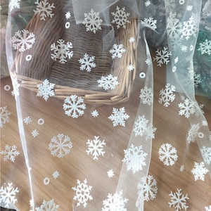 flocking snowflake soft Ivory tulle lace fabric for wedding dress, baby dress, bridal gown, veil, 1 yard