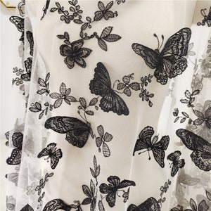 Champagne Tulle Fabric With 3D Butterfly, Black 3D Butterfly Embroidered Lace Fabric For Wedding Veil, Girl Dress, Bridal Headband
