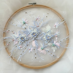 Gorgeous 3D Beaded Lace Flower Applique With Rhinestone For Bridal Headpiece, Dance Costume, Wedding Gowns 1 Piece 28*21cm