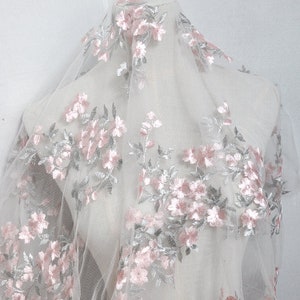 Beautiful Venice Lace Fabric Pink Floral Embroidered Ivory Tulle Fabric Evening Gowns By The Yard 51" Wide
