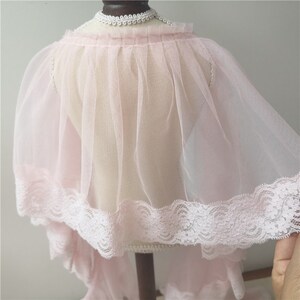 May include: A delicate pink tulle cape with a lace trim. The cape is sheer and has a flowing silhouette.