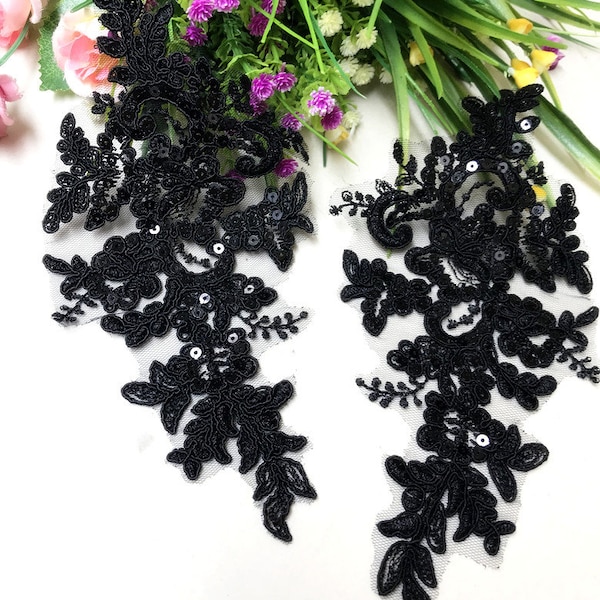 Alencon Lace Applique Black Sequined Bridal Lace Applique By 1 Pair