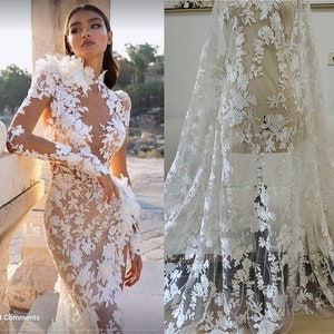 Fashion wedding bridal dress lace fabric elegent embroidery lace fabric tulle embroidery lace with sequins 130cm width ivory lace