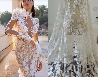 Fashion wedding bridal dress lace fabric elegent embroidery lace fabric tulle embroidery lace with sequins 130cm width ivory lace