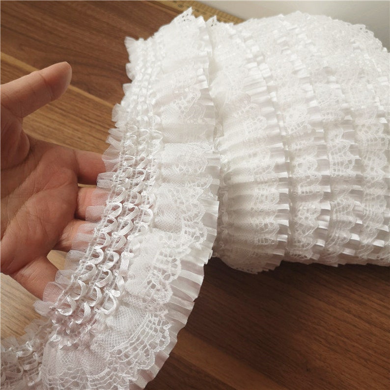 White Ruffled Pleated Lace Trim Fold Satin And Mesh Trim Lace Etsy