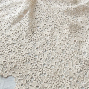 Cotton Lace Fabric, Beige Lace Fabric, Vintage Crocheted Flower Lace ...