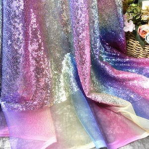 Gradient Rainbow Sequins Fabric, Glitter Pink Purple Sequined Fabric, Evening Dress Fabric, Fabric Sell By The Yard