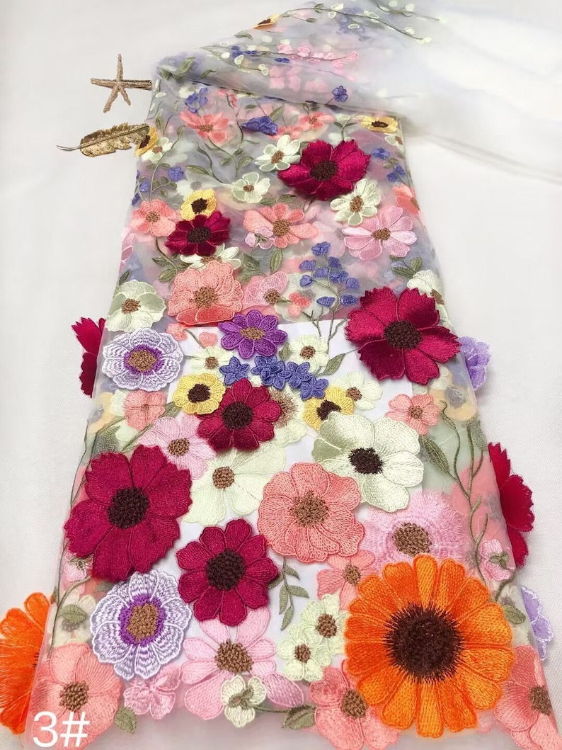 Tissu 3D en dentelle brodée de fleurs, 12 couleurs, tissu floral coloré en tulle pour bébé, robe tutu, robe de banquet, robe de mariée, 51 po. de large image 7