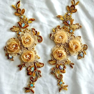 ginger yellow 3d beaded rose lace applique with rhinestone and cord for lyrical dance, costumes, ballet, garments or jewelry design